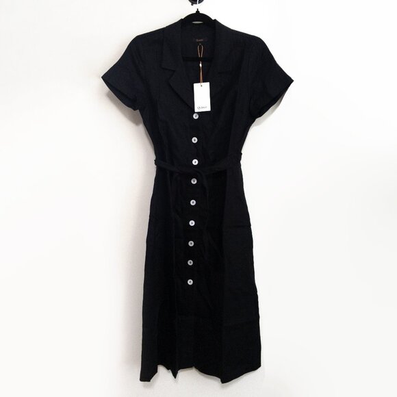 QUINCE XS 100% European Linen Button Front Dress in Black Midi Belted Vacay NWT - Picture 1 of 6